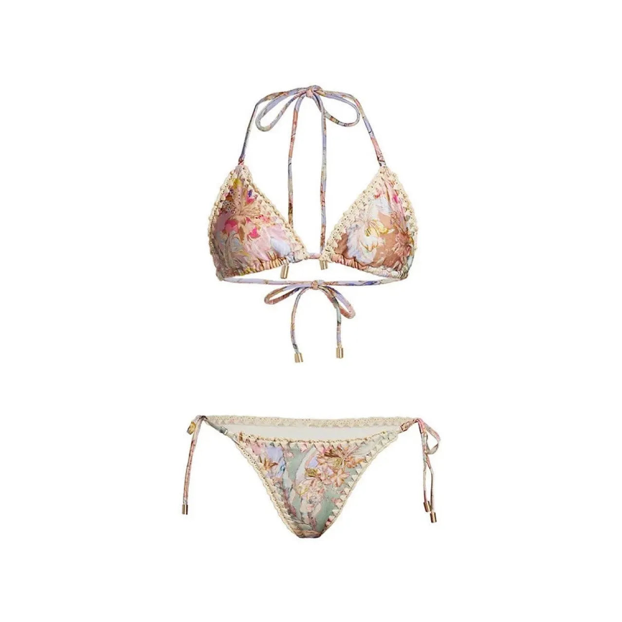 Women's creamy white floral bikini set with halter top, briefs, and a detachable ruffled skirt.