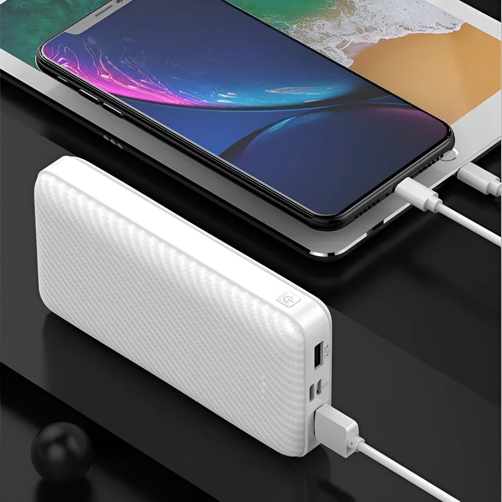 Black portable power bank with multi-port USB output, slim 139x70x15mm size, 10000mAh capacity
