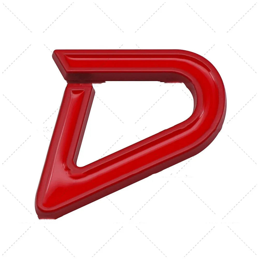 Metal car bumper sticker with SD design in red and silver colour scheme measuring 7.7 by 2.9 centimetres