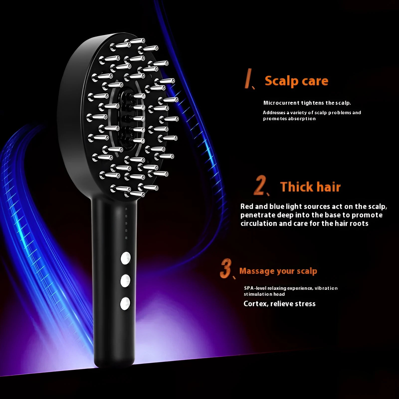 KD3802 Black scalp massage device with a charging cable on a white background.