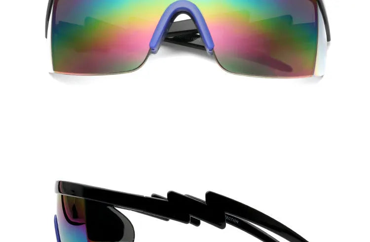 Sports sunglasses with colourful lens film, black half-frame, and curved foot piece for active outdoor use