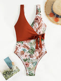 Multicolor tropical plants print one-piece bikini swimsuit for women polyester spandex swimming wading