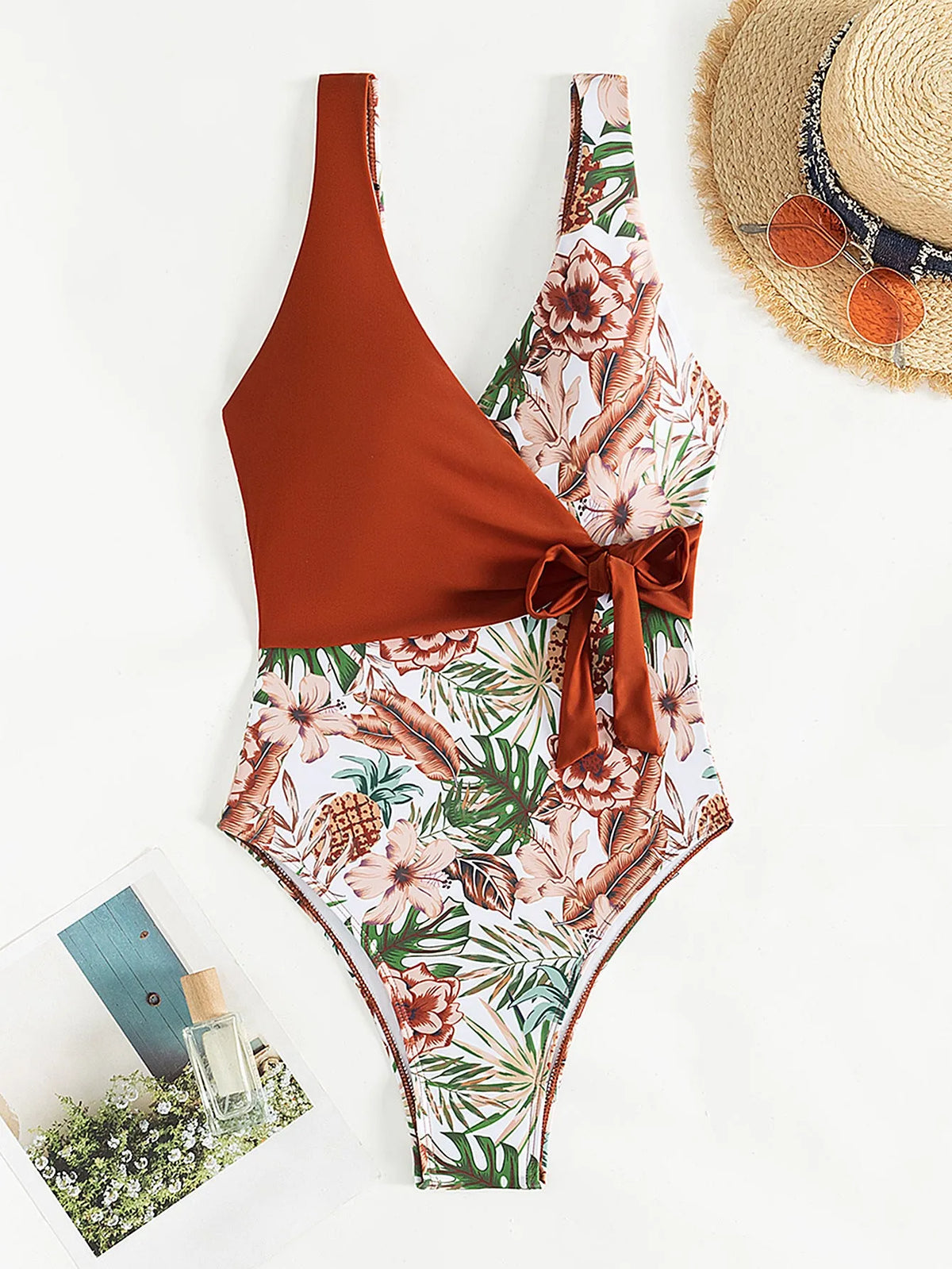 Multicolor tropical plants print one-piece bikini swimsuit for women polyester spandex swimming wading
