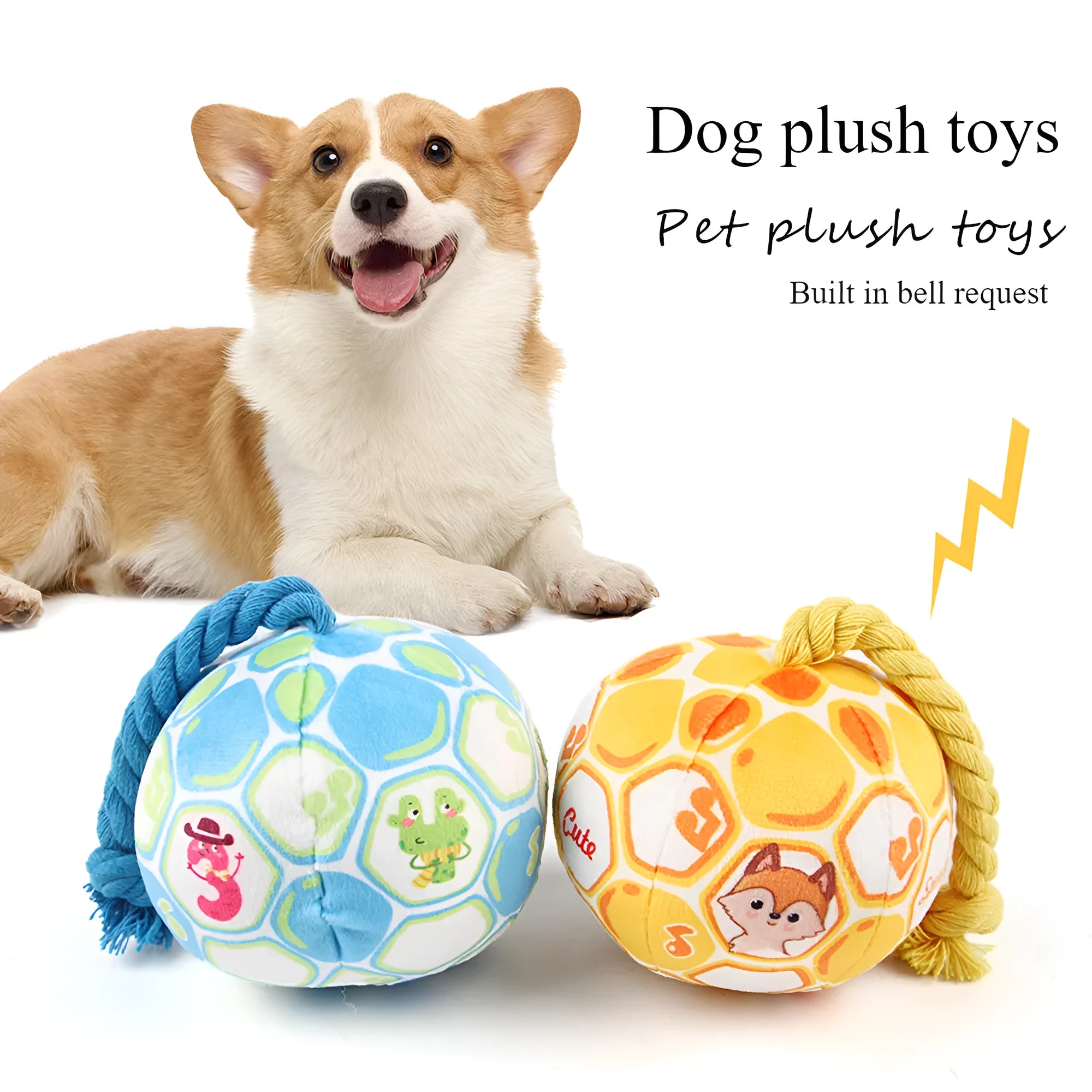 Blue and yellow elastic football dog toy with cotton rope for tug-of-war and chewing.