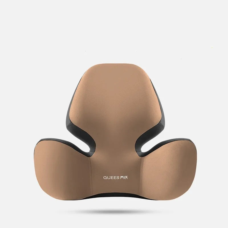 Black and grey memory foam lumbar support pillow and headrest on a car seat.