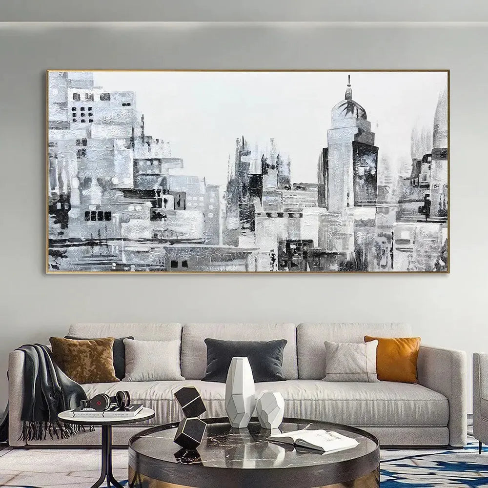 Handmade black and white abstract oil painting on canvas of urban street scene, rolled and frameless.