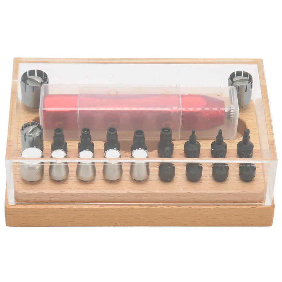 20-piece steel watch repair open tube set with barrel-opening tool in compact storage case
