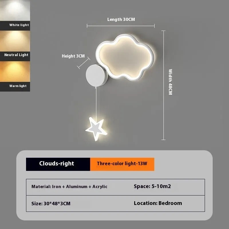 Cartoon cloud and five-pointed star themed bedside wall lamp for a child's room.