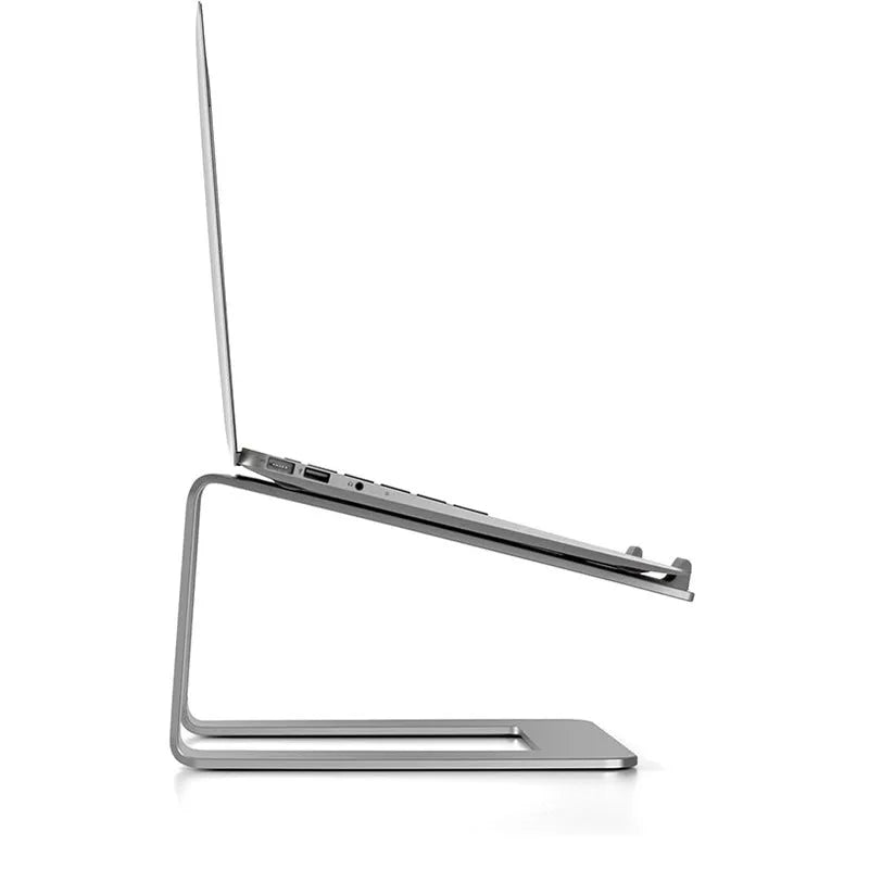 Adjustable aluminium laptop stand in black colour on desk surface