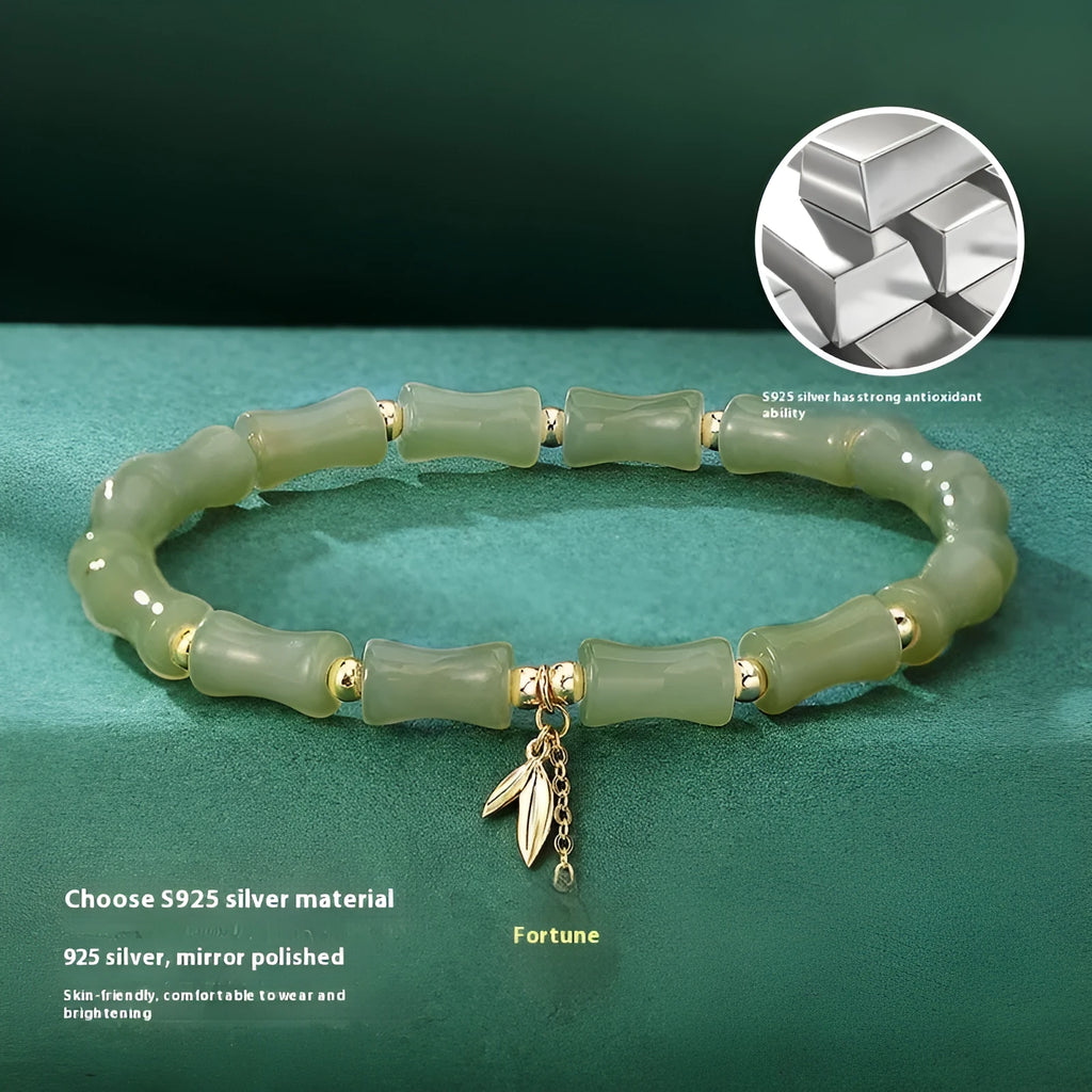 Green Hetian jade and alloy bamboo joint bracelet for women, about 18cm, New Chinese style