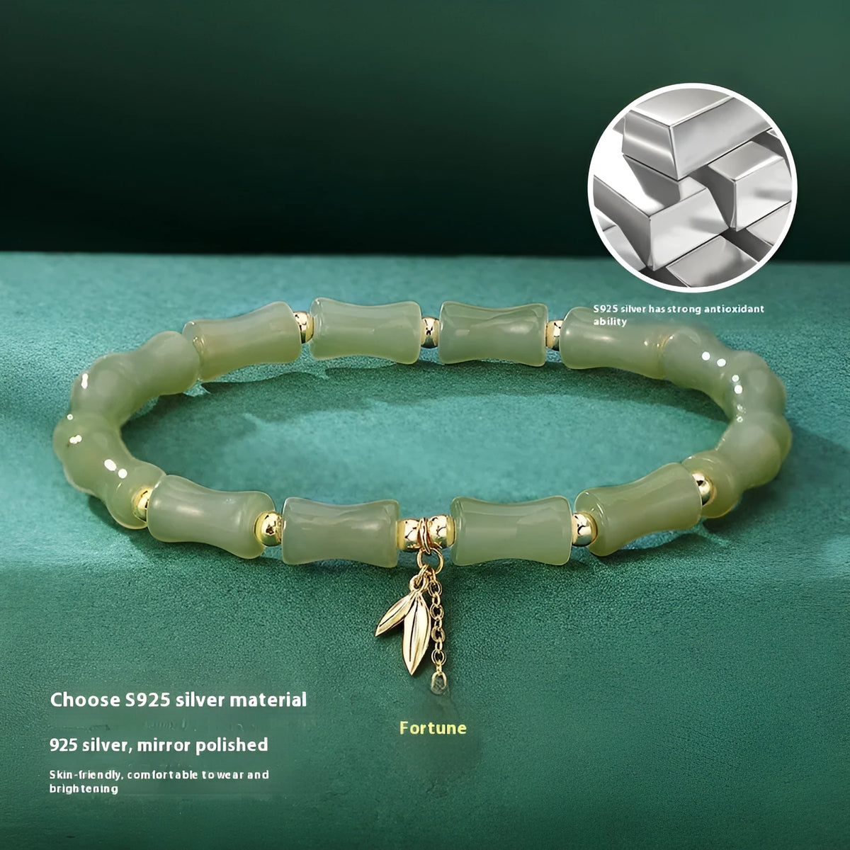 Green Hetian jade and alloy bamboo joint bracelet for women, about 18cm, New Chinese style