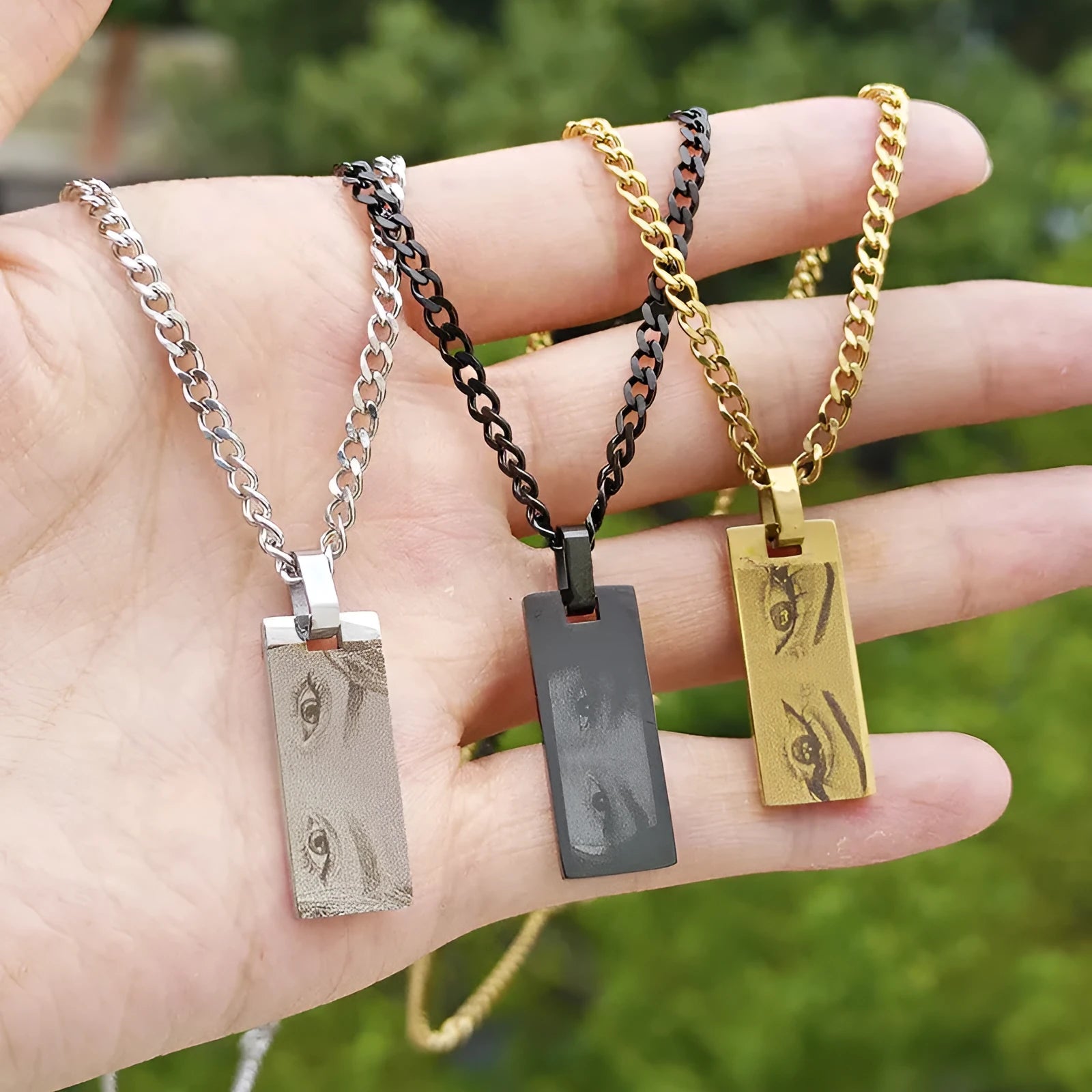 Custom stainless steel photo necklace with engraved eye design, geometric shape, and electroplating finish in a range of colours