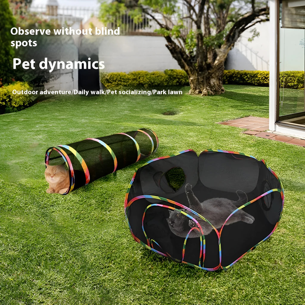 Foldable mesh cat cage showing multiple panel designs including hexagonal and square styles