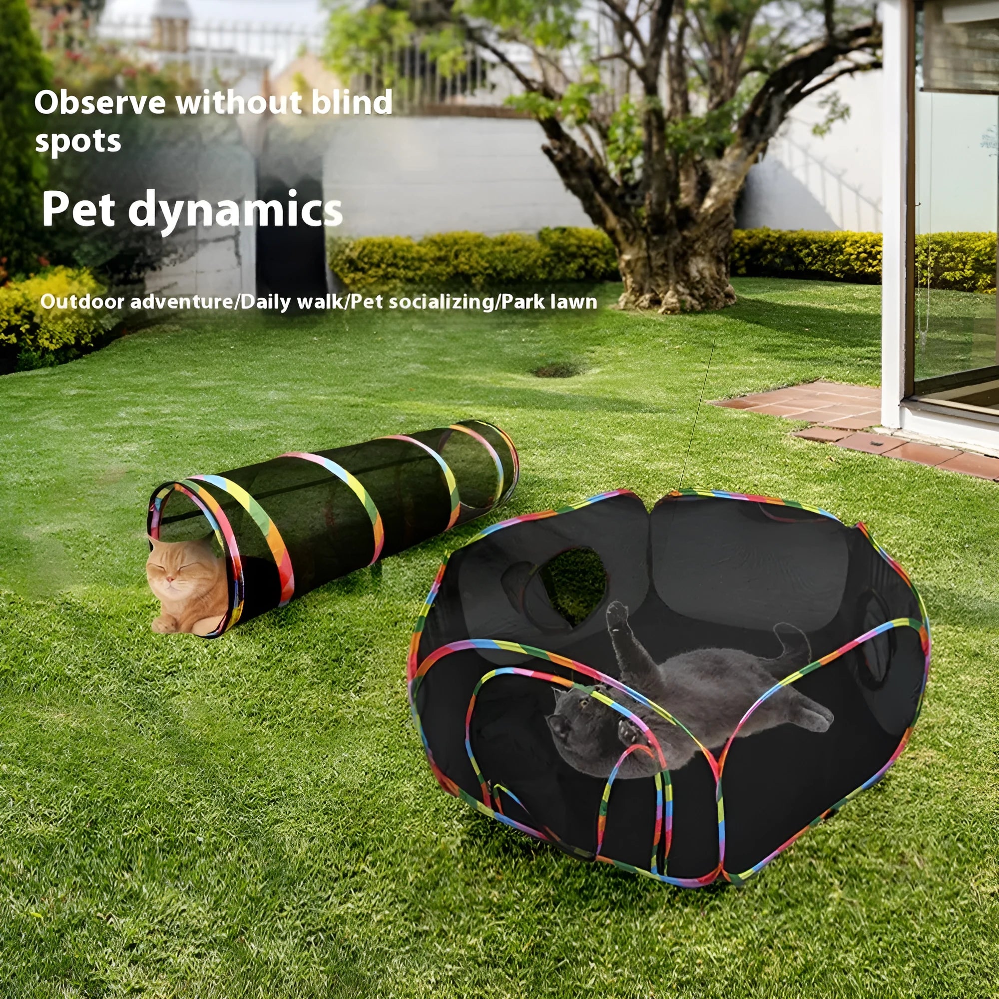 Foldable mesh cat cage showing multiple panel designs including hexagonal and square styles