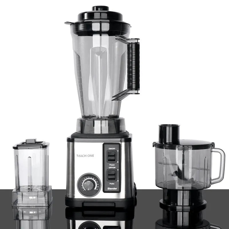 4L three-in-one grinding machine with juicer cup, minced meat cup, and grinding cup on a kitchen counter