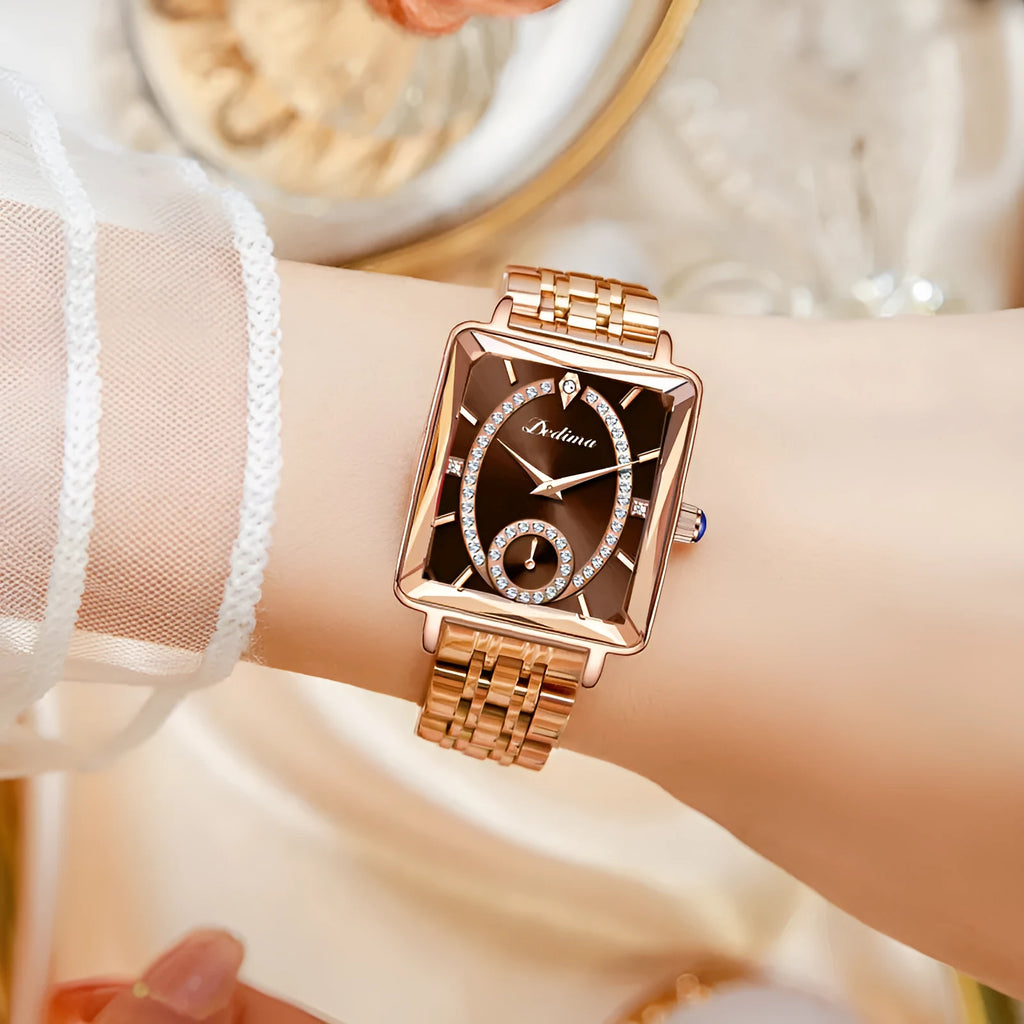 Rose gold square women's half watch with 40.5mm dial and mineral glass mirror
