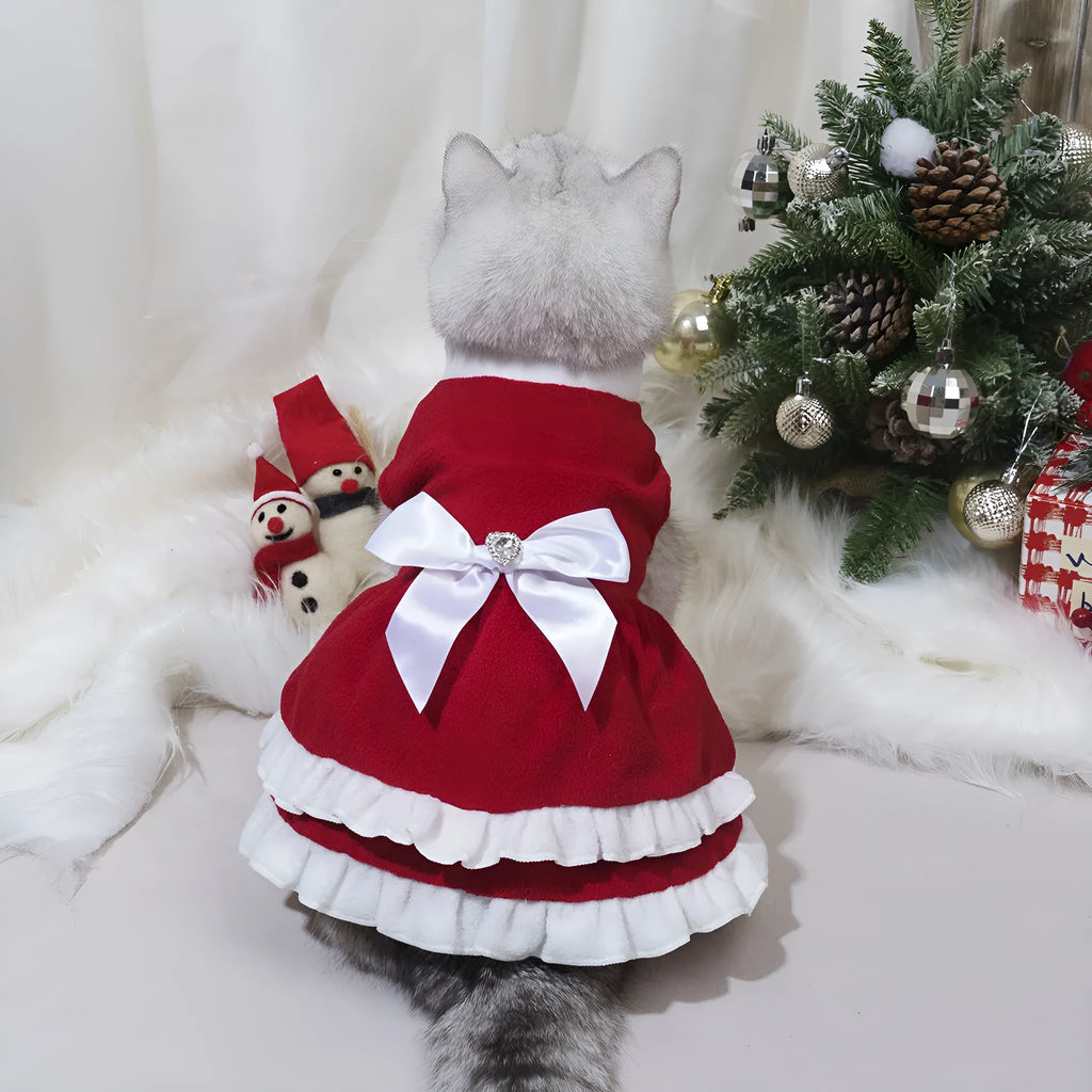 Red fleece pet Christmas princess dress with bow, available in sizes XS to XXL