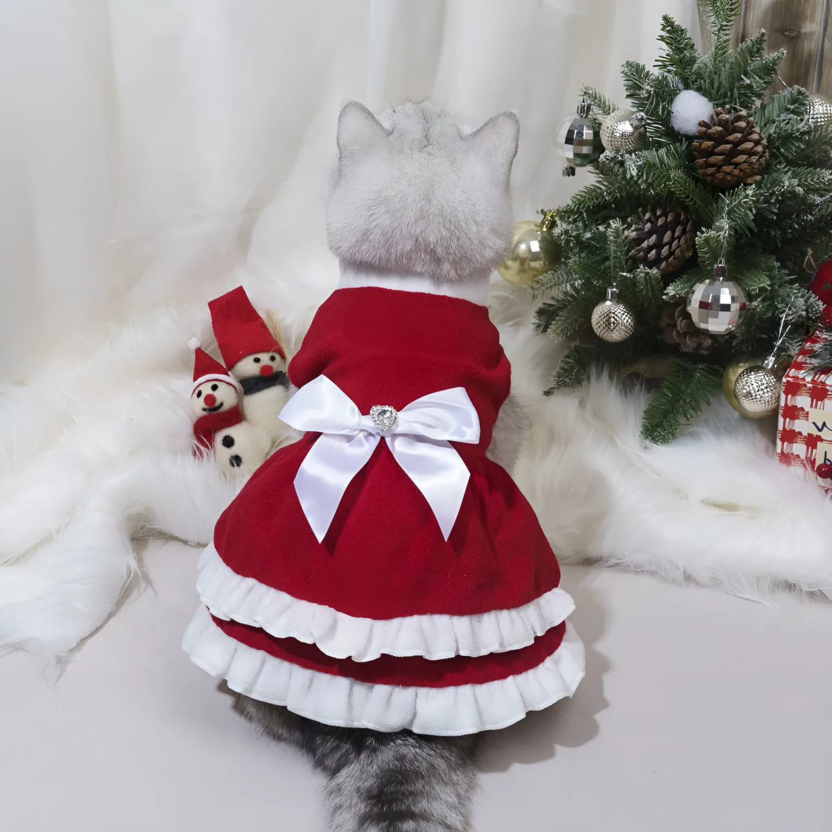 Red fleece pet Christmas princess dress with bow, available in sizes XS to XXL