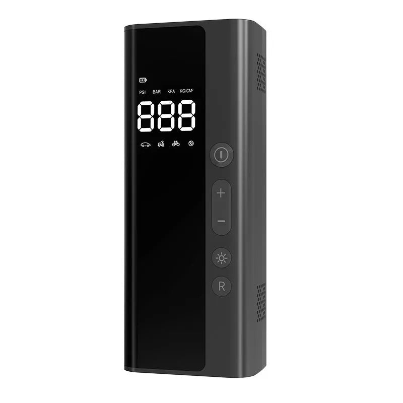 Portable wireless car air pump 165x65x45mm with digital display, 60W motor, and USB charging cable