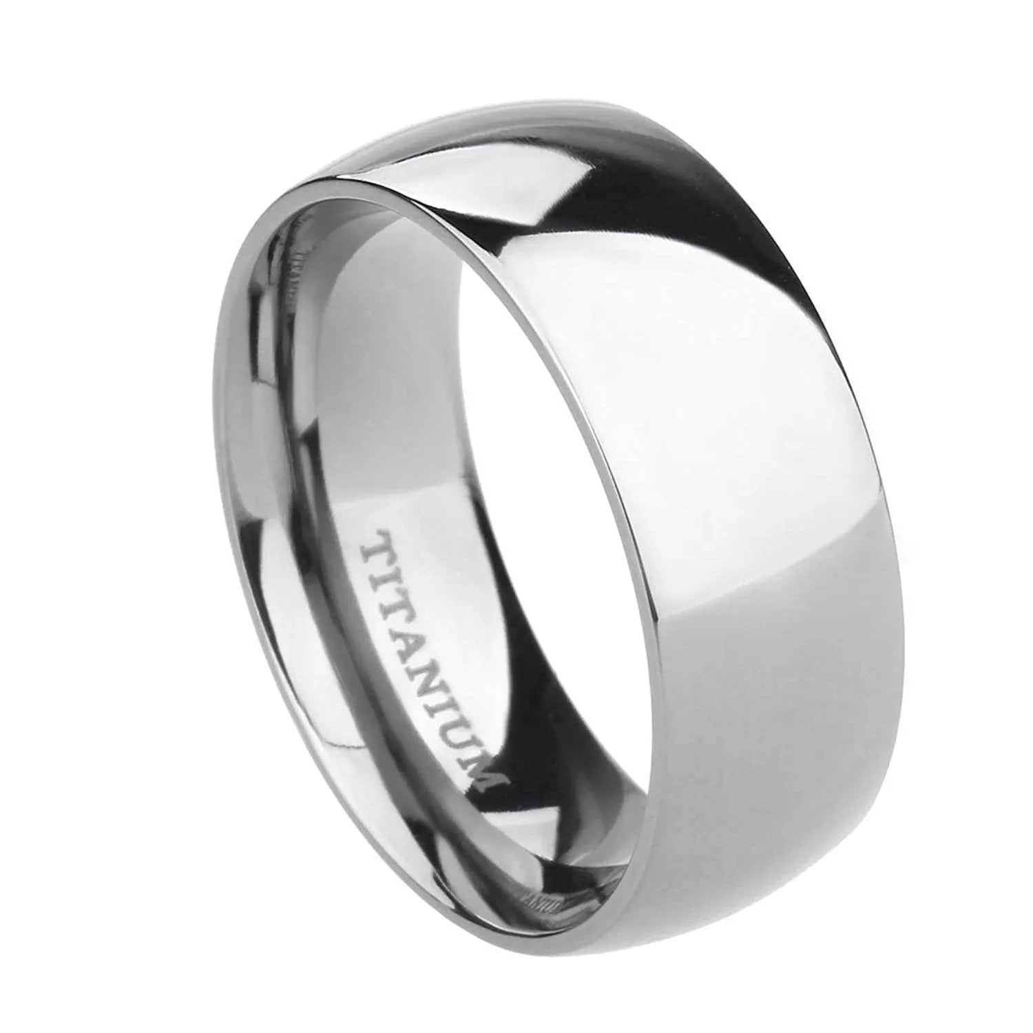 Simple silver-coloured titanium steel band ring with a matte finish on a grey background.