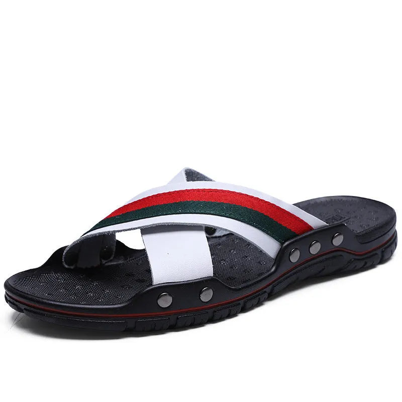 Men's leather flip-flops in black on a white background, showing cowhide upper and textured PU sole.