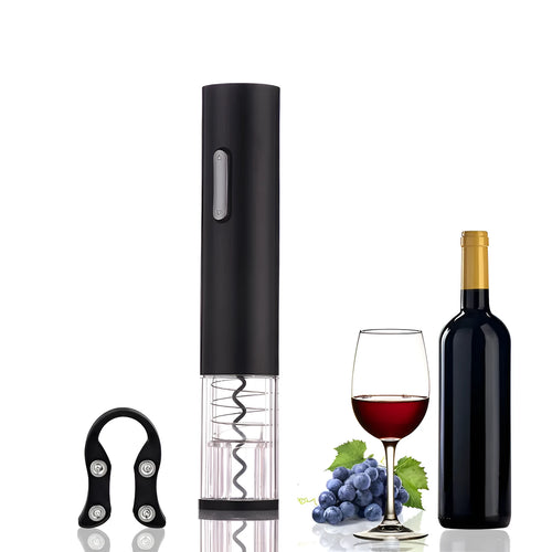 Black automatic electric wine opener with foil cutter and transparent window on white background