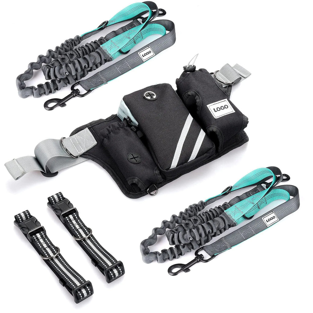 Black nylon dog walking waist bag with matching leash and collar set for outdoor training