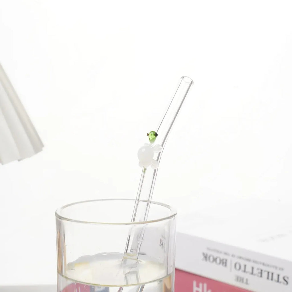 Set of four high borosilicate glass turtle elbow straws in pink green purple and yellow for children