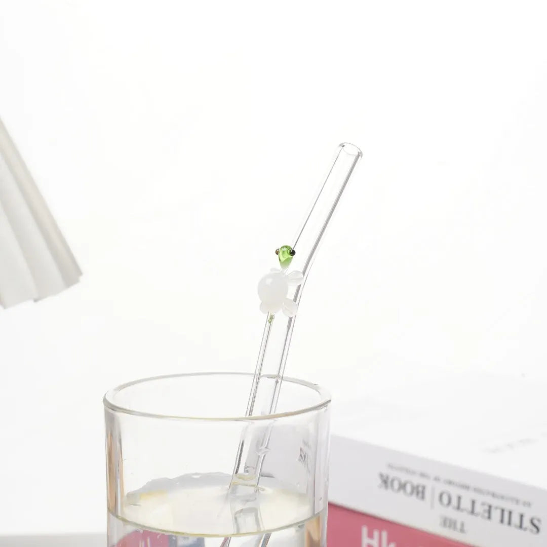 Set of four high borosilicate glass turtle elbow straws in pink green purple and yellow for children