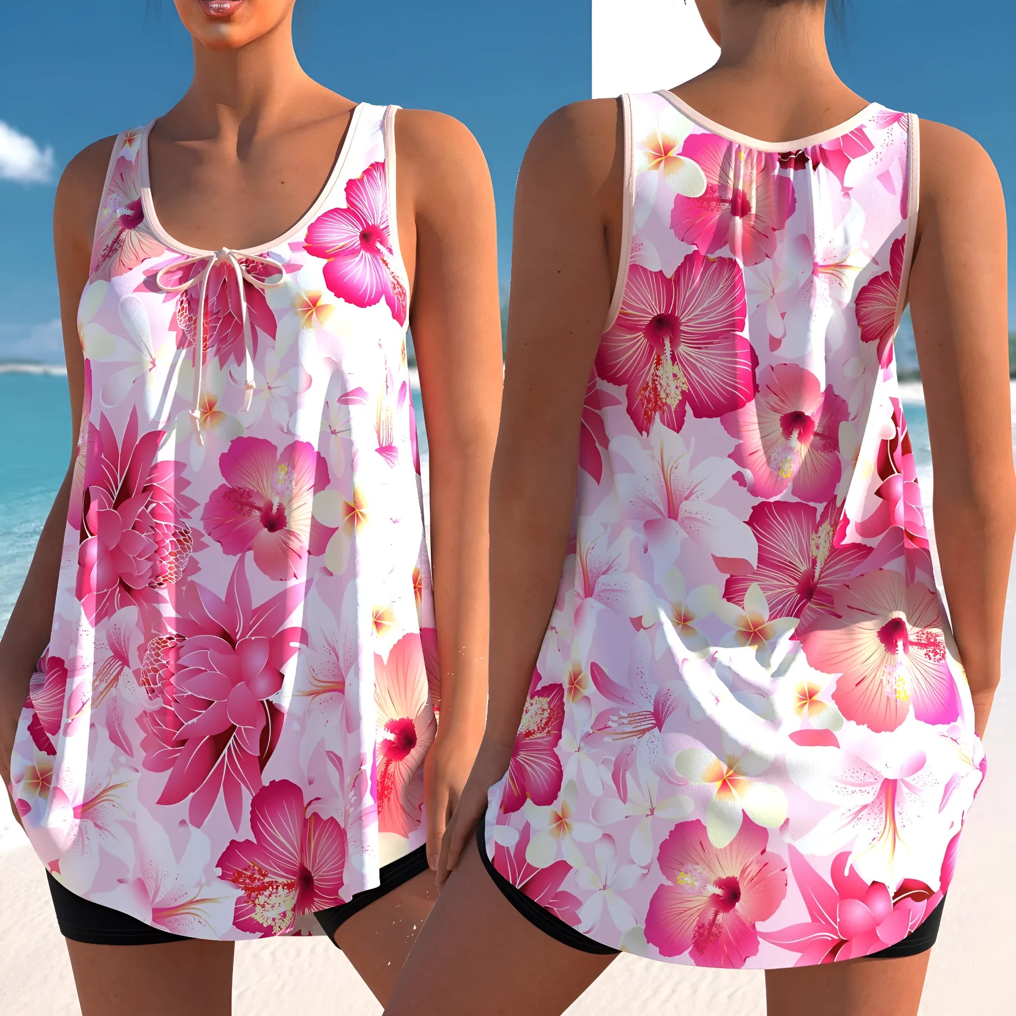 Pink printed tankini swimsuit for plus-size women with high-waist briefs
