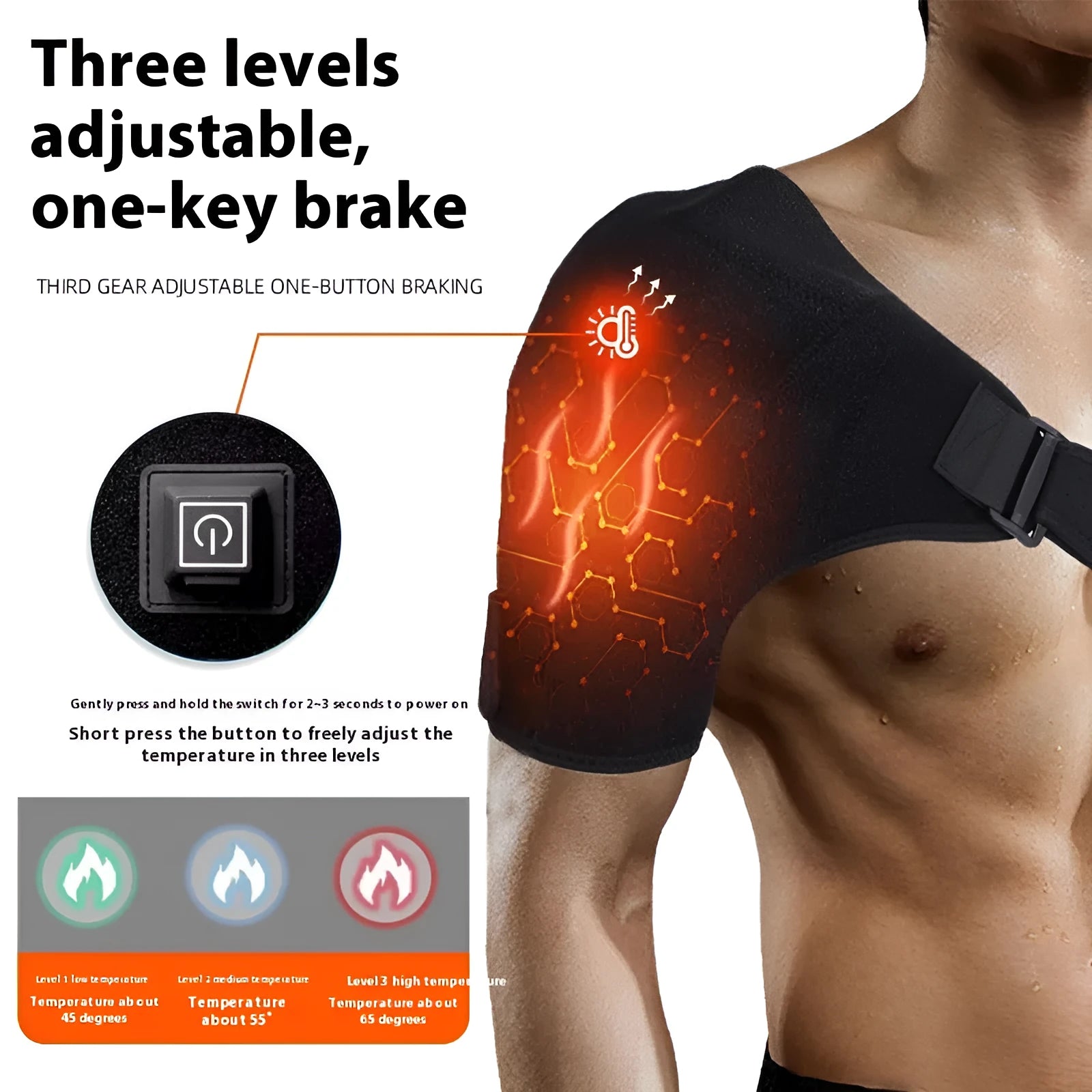 USB electric heating shoulder pad showing free size fit and plug connection