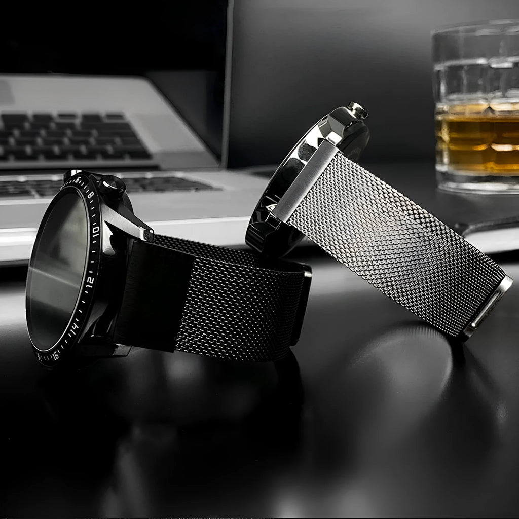 Stainless steel card strap for Garmin Fenix watches in silver, black, gold, and rose gold colours showing width options