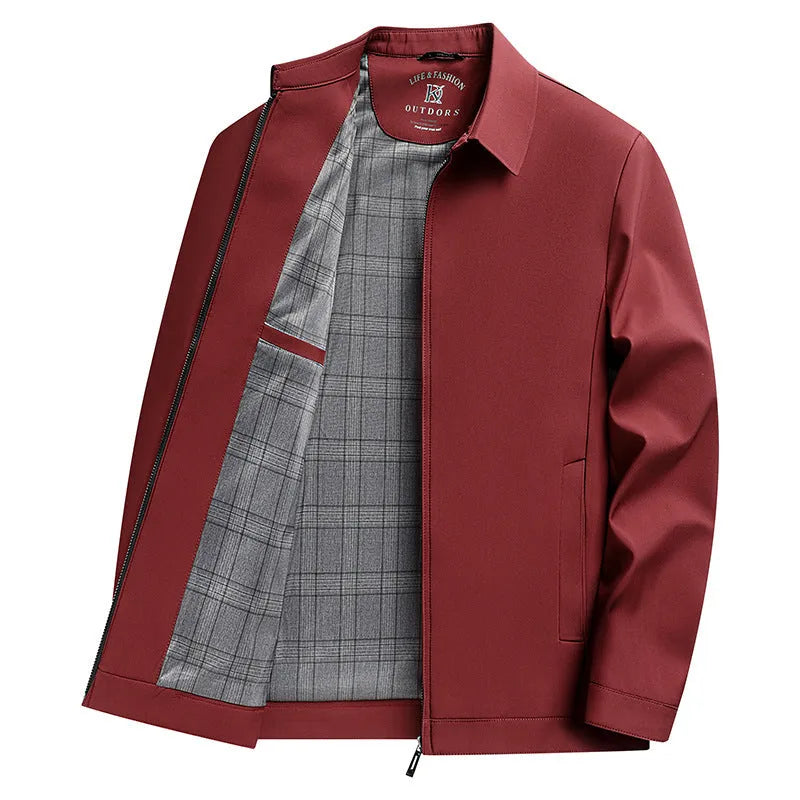 Men's solid colour polo collar casual jacket with side seam pockets in loose fit design