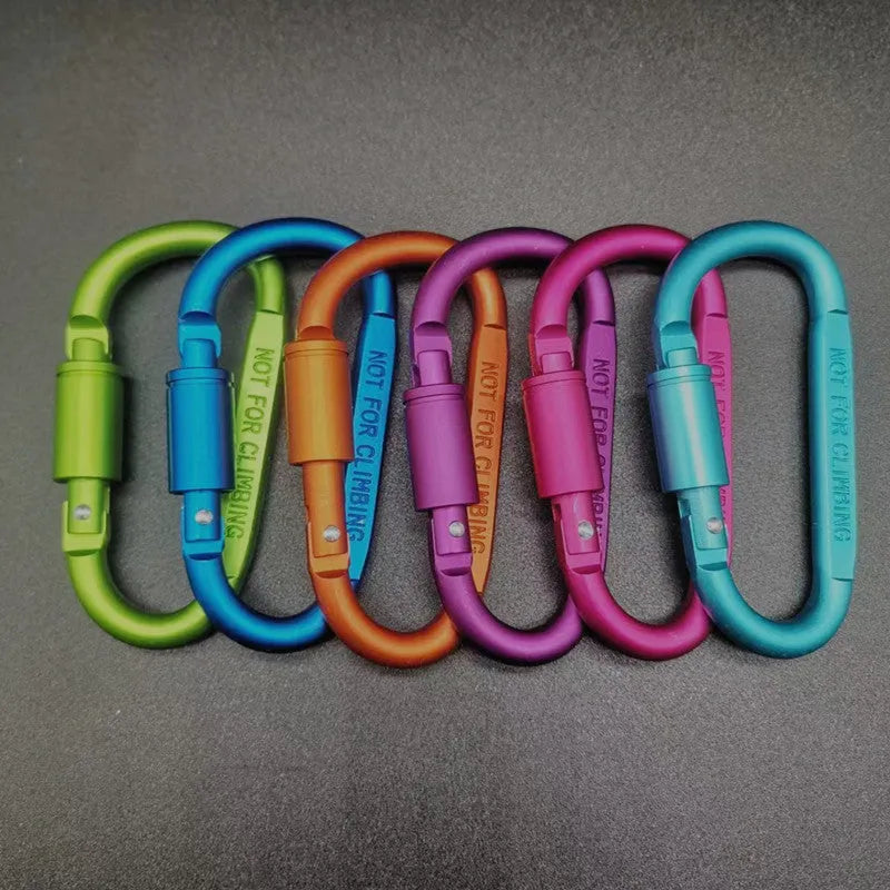 Aluminium D-type carabiner with lock in multiple colour options showing 8cm flat design