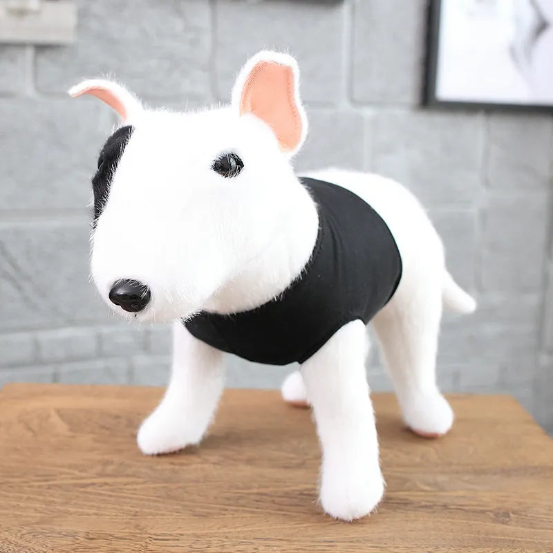 Dressing artificial dog plush toy in mink fur, bulldog style, large size 55-60cm, displayed on a surface