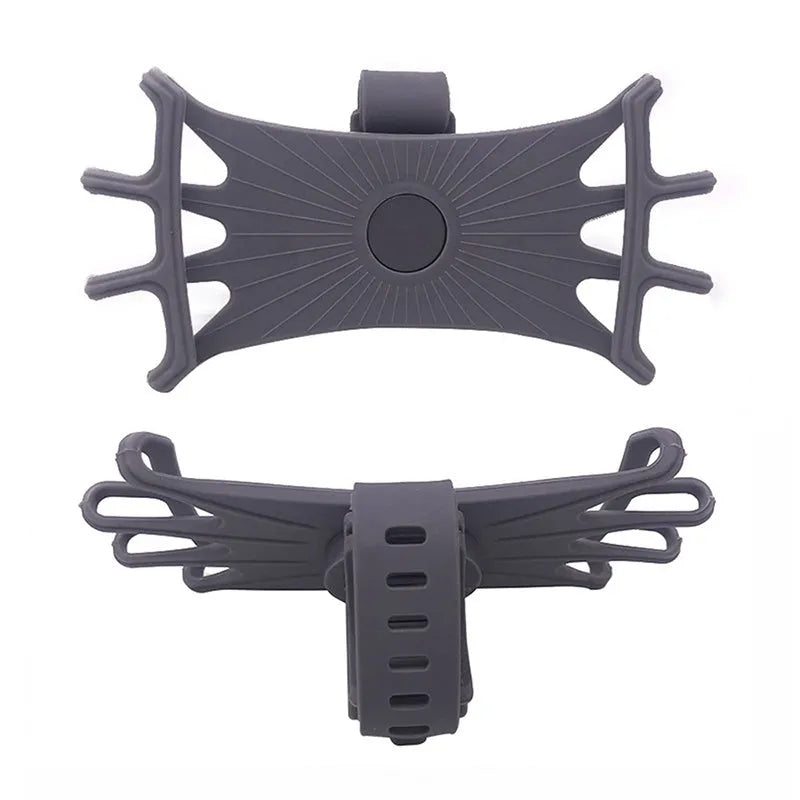 Universal bicycle mobile phone holder in black silicone on handlebar, showing front screen grip and mount belt