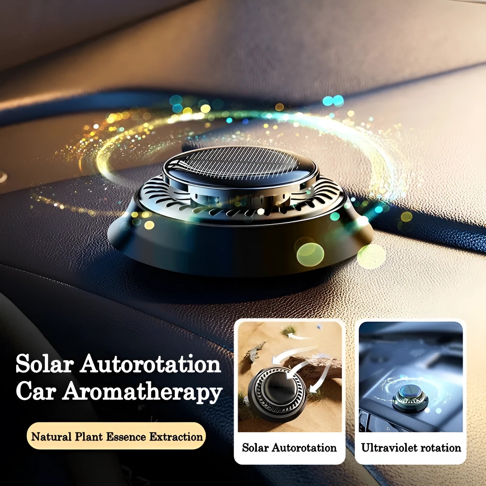 Solar-powered kinetic car air freshener with double ring rotating mechanism on car dashboard