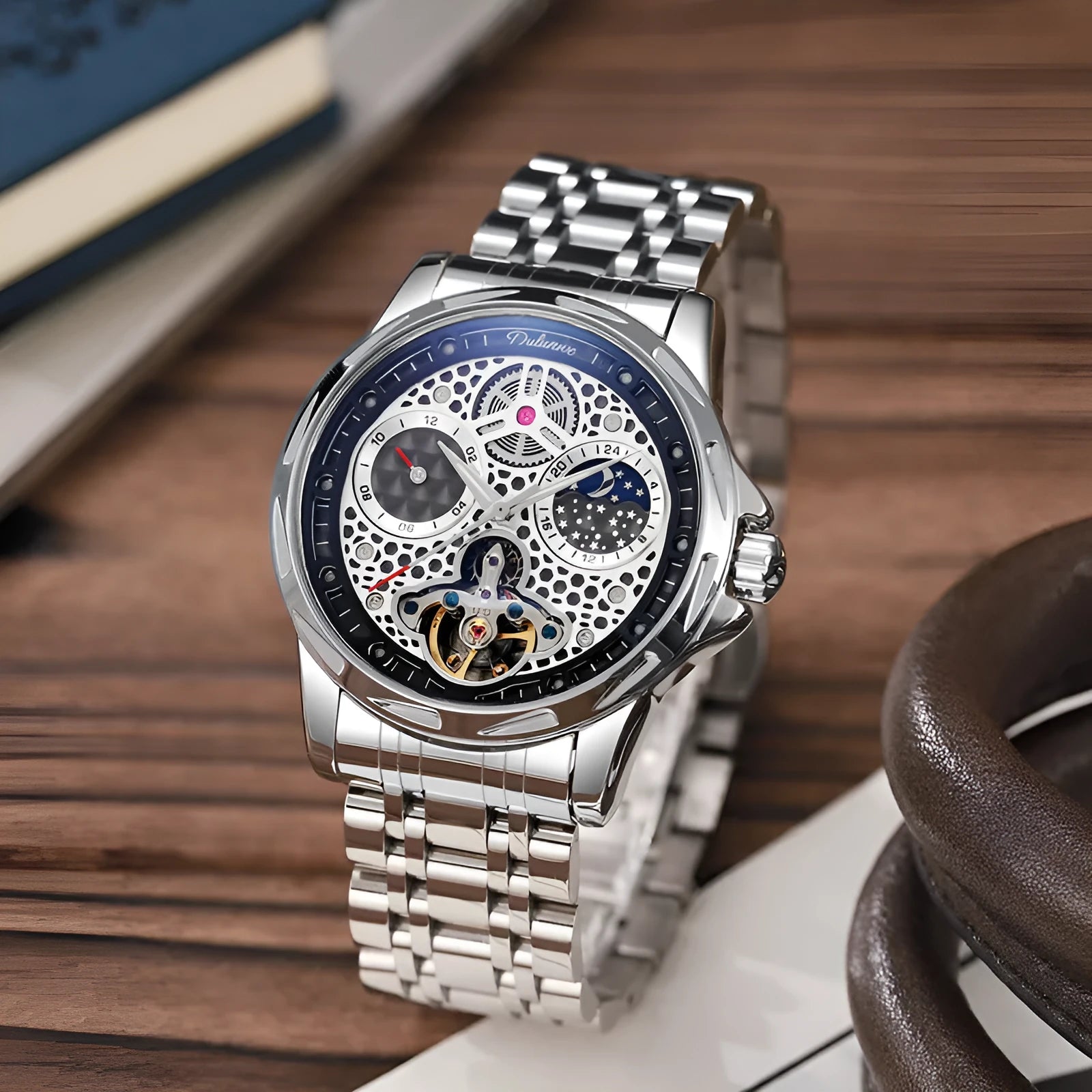 Men's automatic business watch with black stainless steel case and leather strap, luminous dial, 13mm thickness