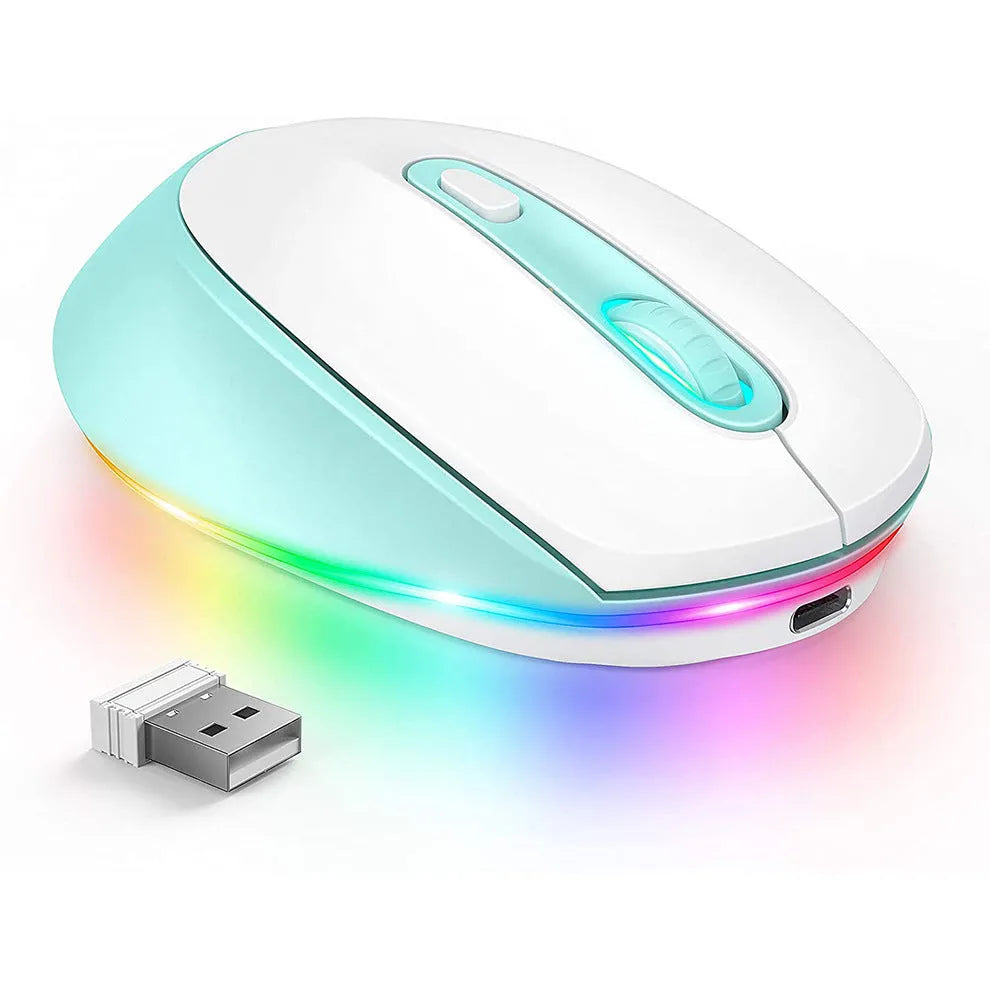 Compact 24g wireless ergonomic mouse with USB charging cable on a desk next to a laptop.