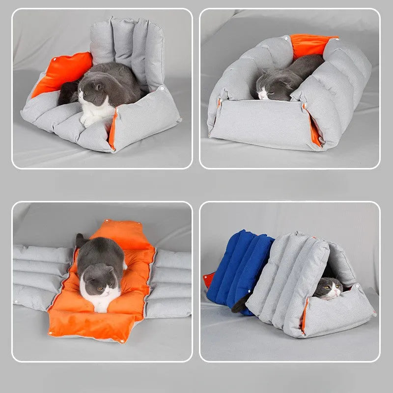 Blue triangular fabric cat bed with a sofa shape and visible connection holes on the sides.