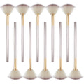Ten champagne-coloured facial fan brushes with acrylic handles and protective covers