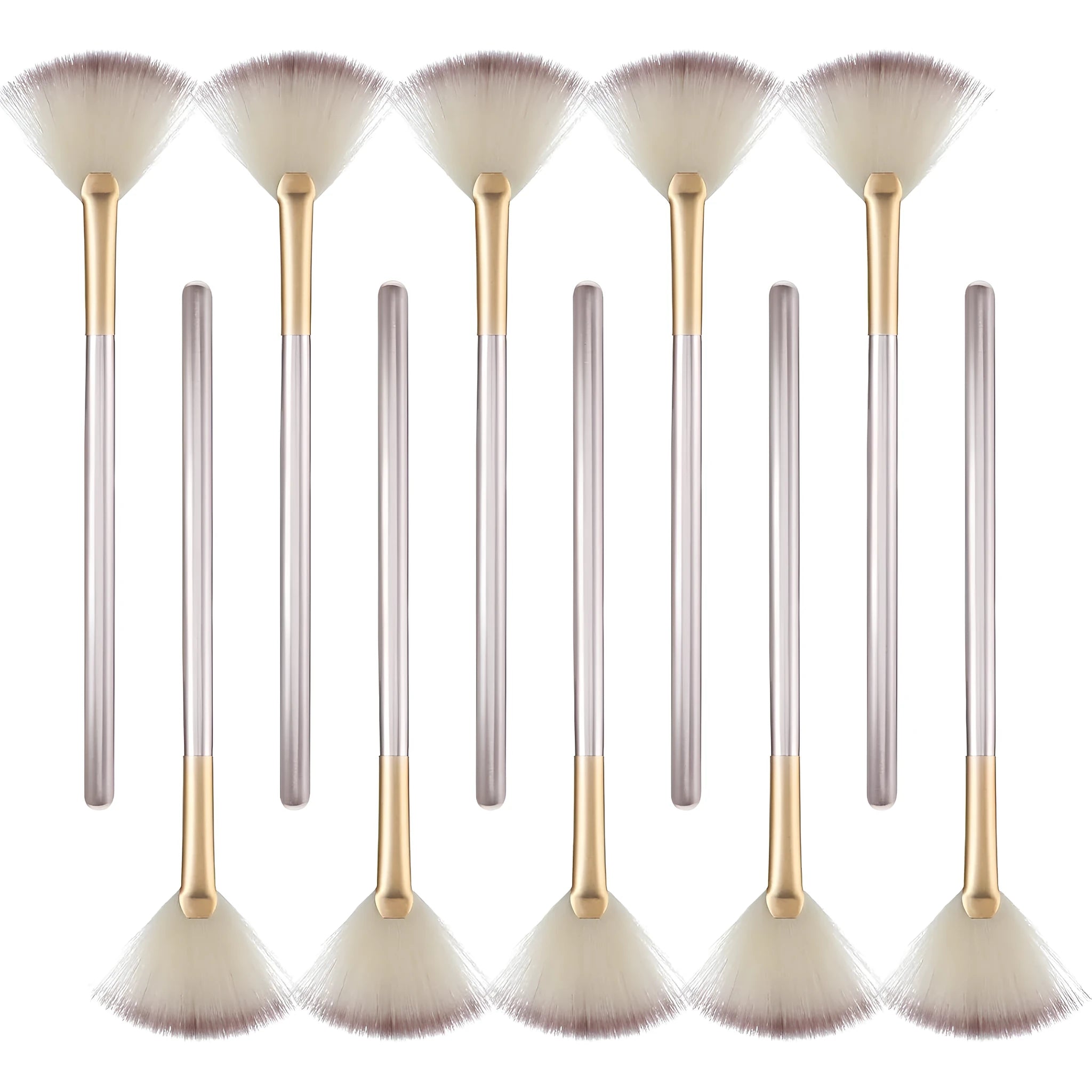 Ten champagne-coloured facial fan brushes with acrylic handles and protective covers