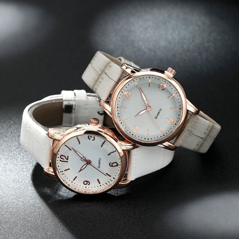 Women's two-tone dial belt quartz watch with alloy dial and imitation leather strap