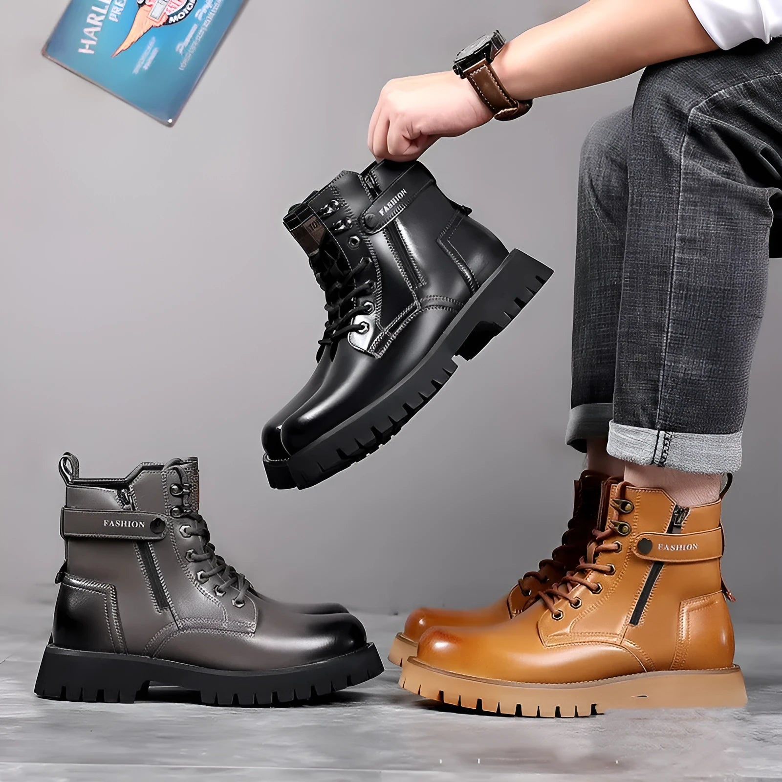 Men's light brown high-top leather Martin boots with a side zip and thick rubber sole