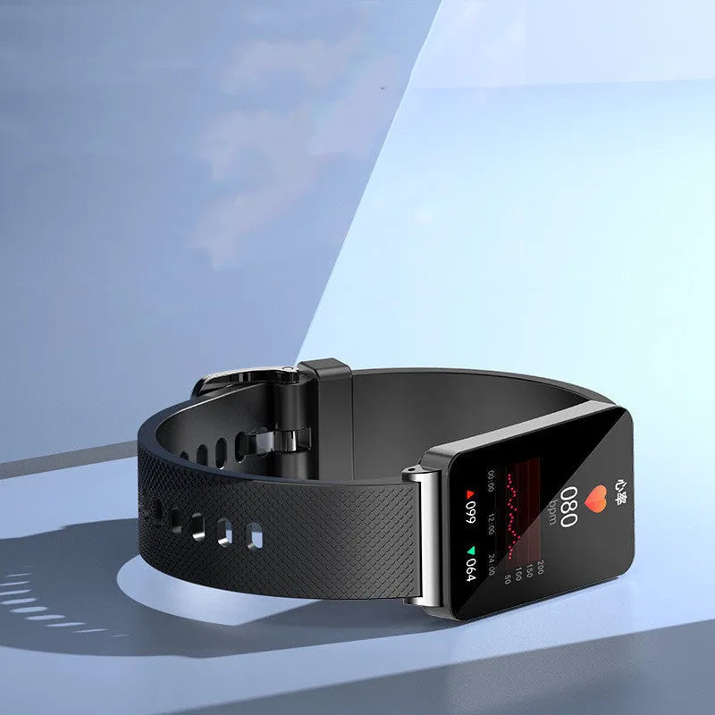 EP08 smart health bracelet with blood glucose monitoring on wrist showing touchscreen display