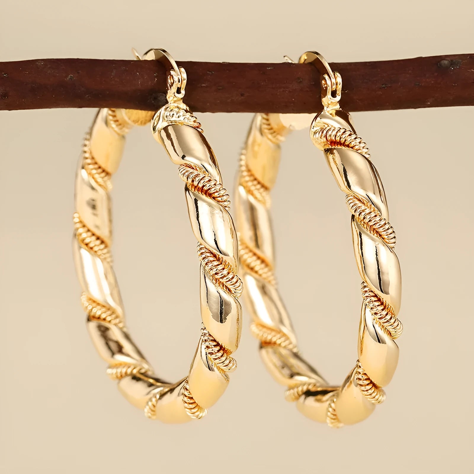 Geometric copper earrings in golden colours with ring and line elements for women