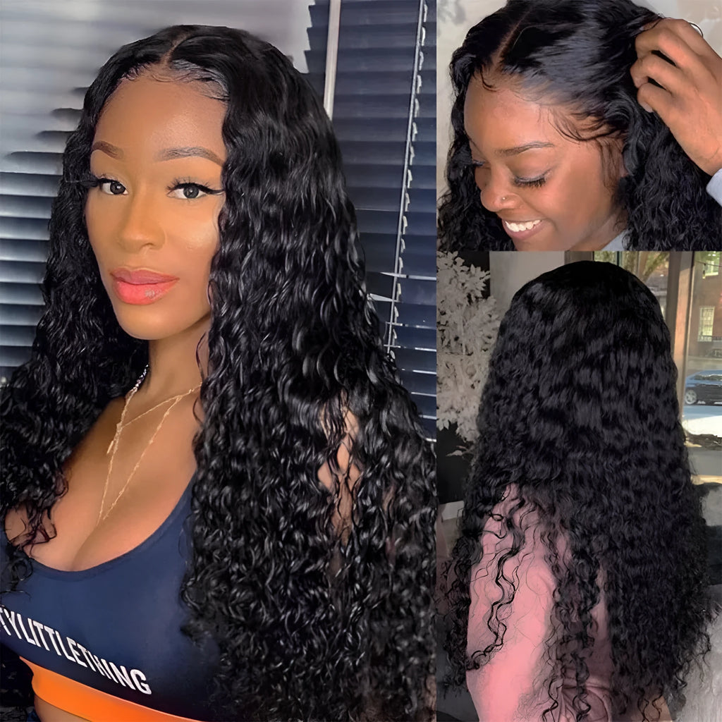 Curly human hair wig with lace front showing hand-woven construction and natural curl pattern
