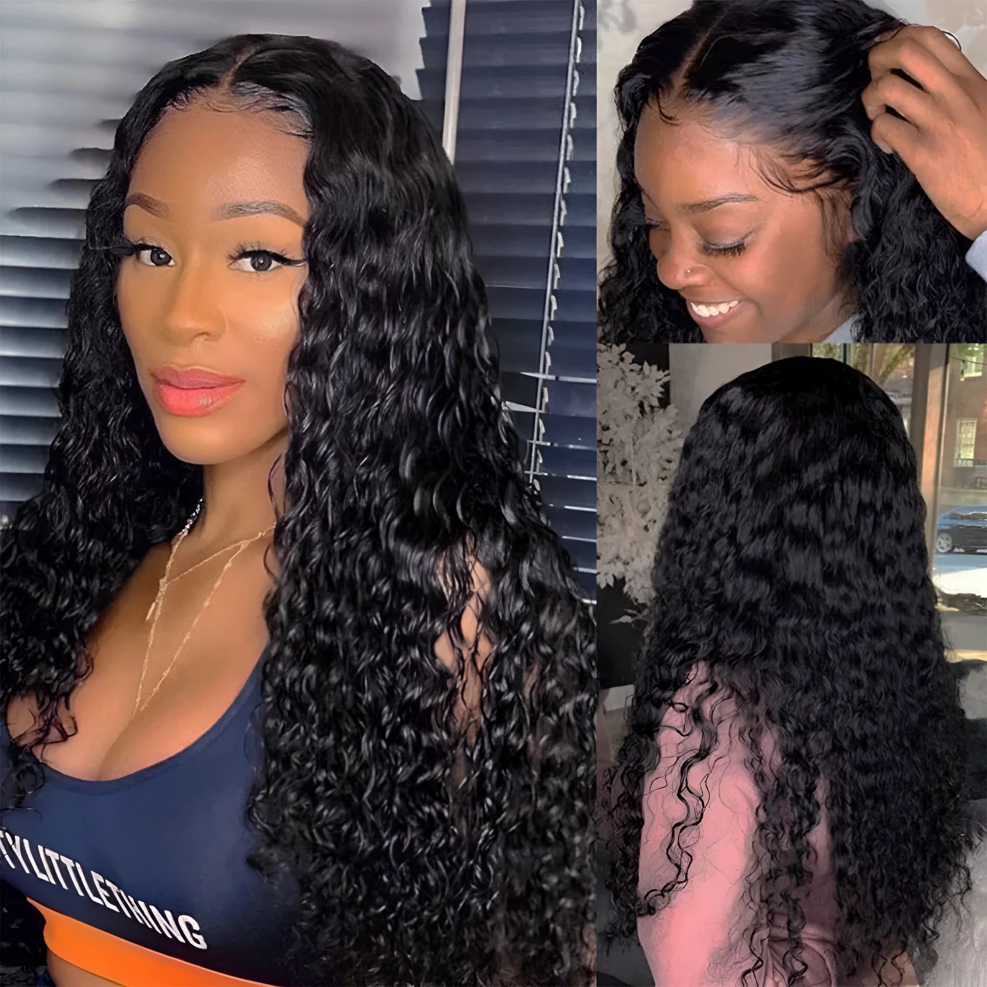 Curly human hair wig with lace front showing hand-woven construction and natural curl pattern