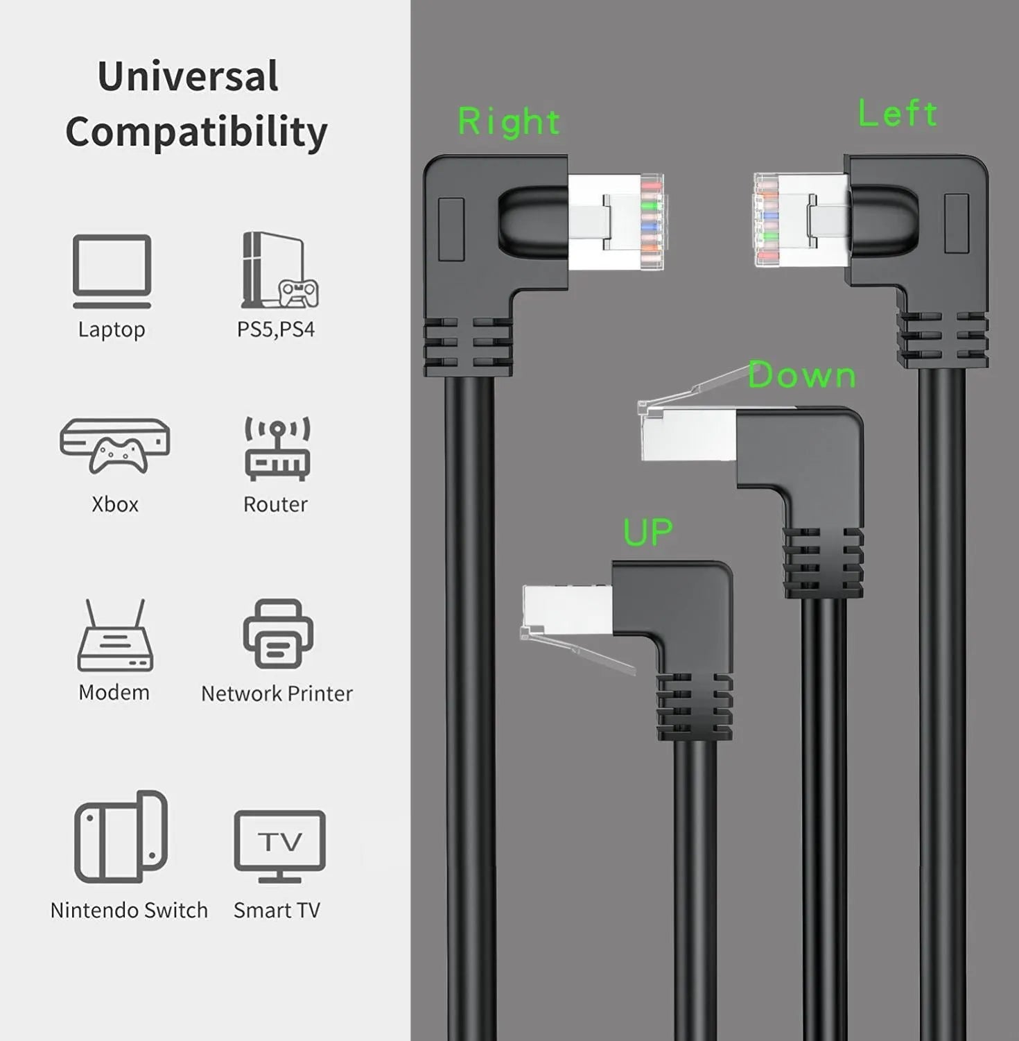 Cat6 Ethernet cable with a black right-angled RJ45 metal connector shown alongside other colour variants.