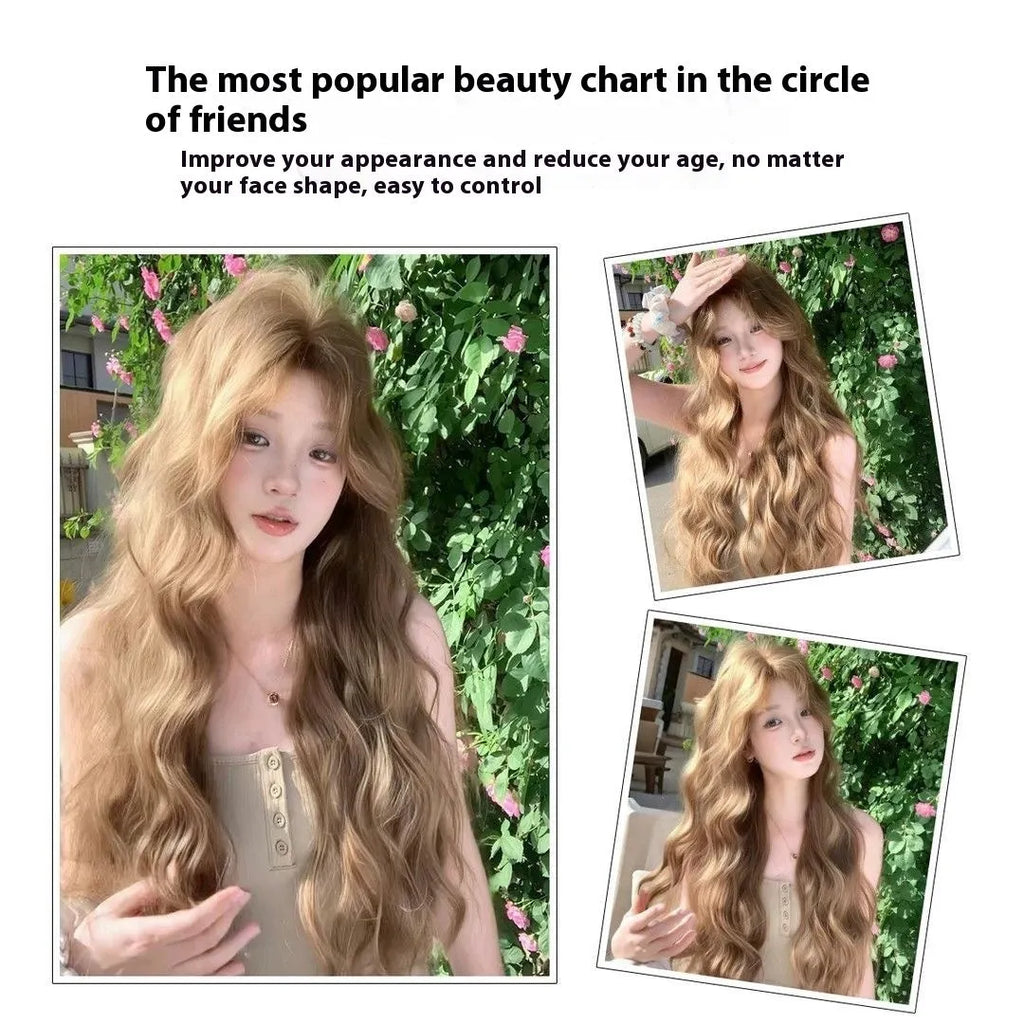 Linen brown medium-long curly synthetic wig on display stand with hair net